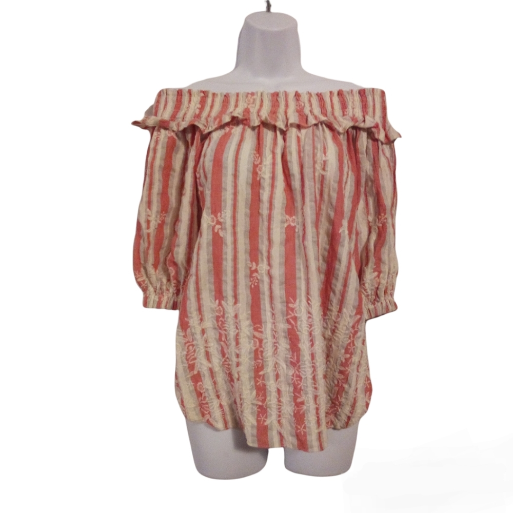 MISA Los Angeles Striped Orange & White Off the Shoulder Floral Embroidered Top